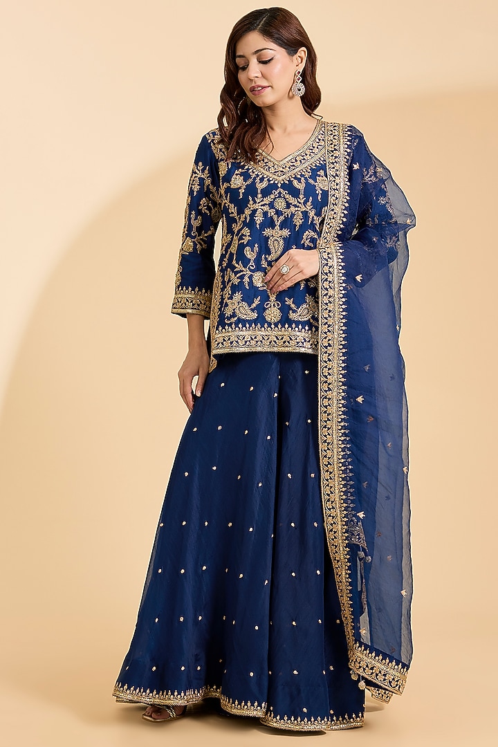 Navy Blue Spun Silk Marori Work Bridal Sharara Set by Surbhi Shah at Pernia's Pop Up Shop