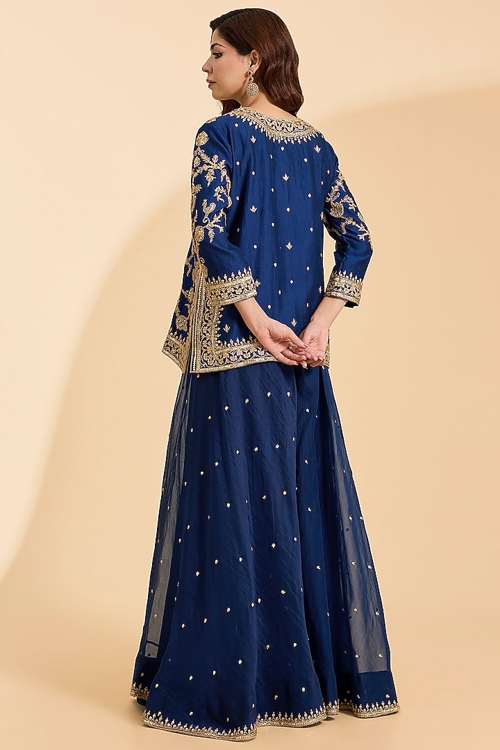 Navy Blue Spun Silk Marori Work Bridal Sharara Set by Surbhi Shah at Pernia's Pop Up Shop