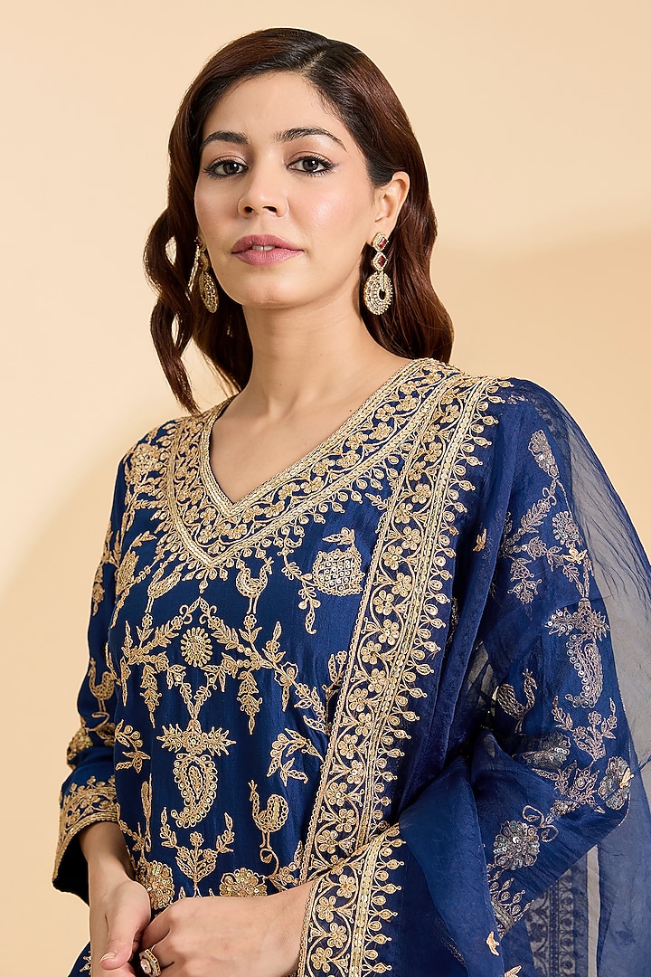 Navy Blue Spun Silk Marori Work Bridal Sharara Set by Surbhi Shah at Pernia's Pop Up Shop