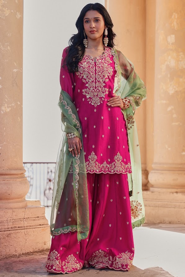 Berry Magenta Spun Silk Sequins Work Bridal Sharara Set by SURBHI SHAH at Pernia's Pop Up Shop