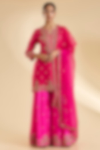 Hot Pink Spun Silk Bridal Sharara Set by SURBHI SHAH at Pernia's Pop Up Shop