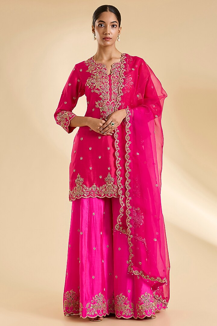 Hot Pink Spun Silk Bridal Sharara Set by SURBHI SHAH at Pernia's Pop Up Shop