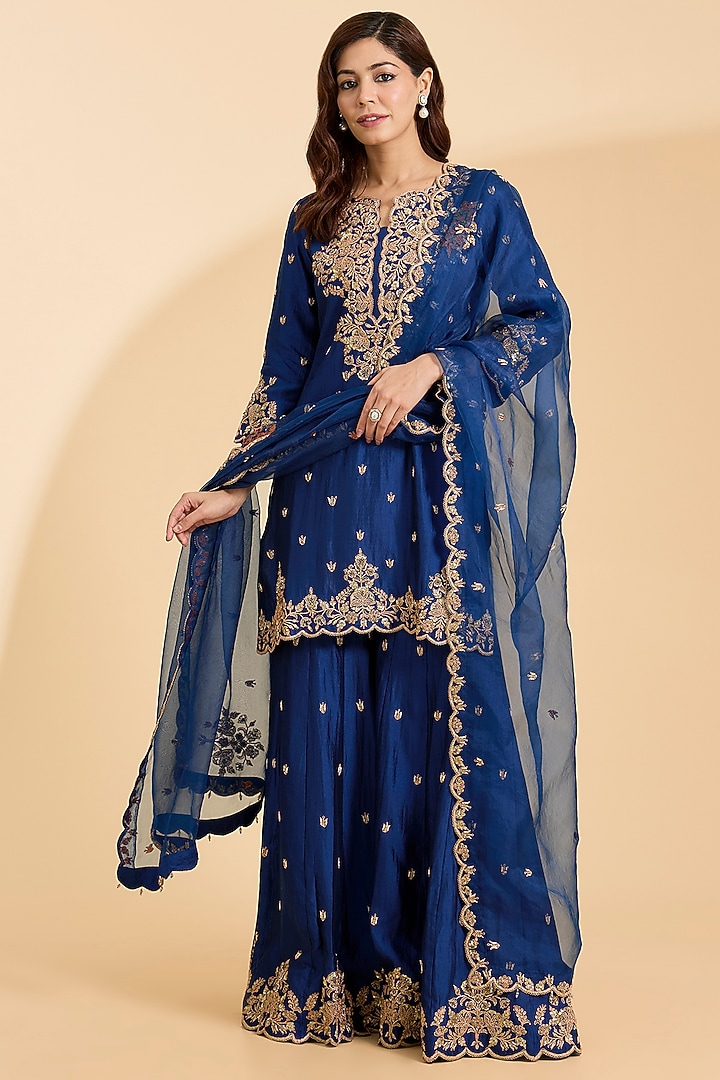 Navy Blue Spun Silk Marori & Sequins Work Bridal Sharara Set by Surbhi Shah at Pernia's Pop Up Shop