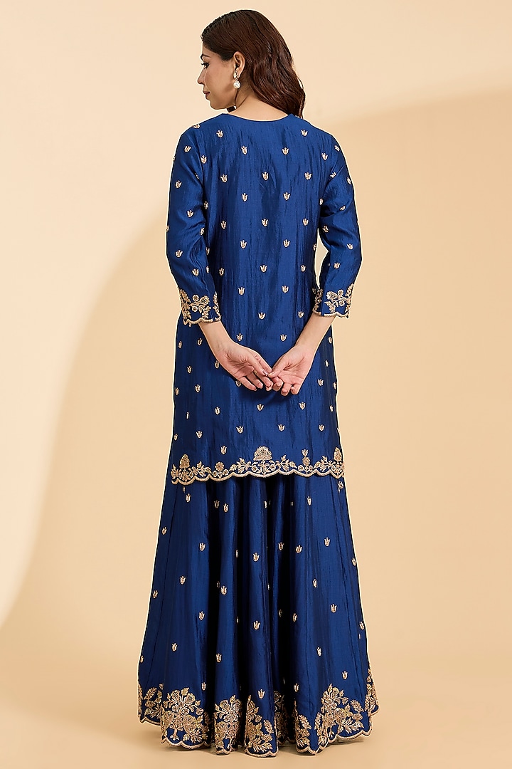Navy Blue Spun Silk Marori & Sequins Work Bridal Sharara Set by Surbhi Shah at Pernia's Pop Up Shop
