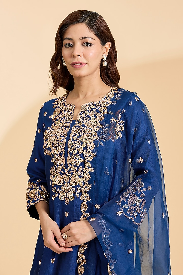 Navy Blue Spun Silk Marori & Sequins Work Bridal Sharara Set by Surbhi Shah at Pernia's Pop Up Shop