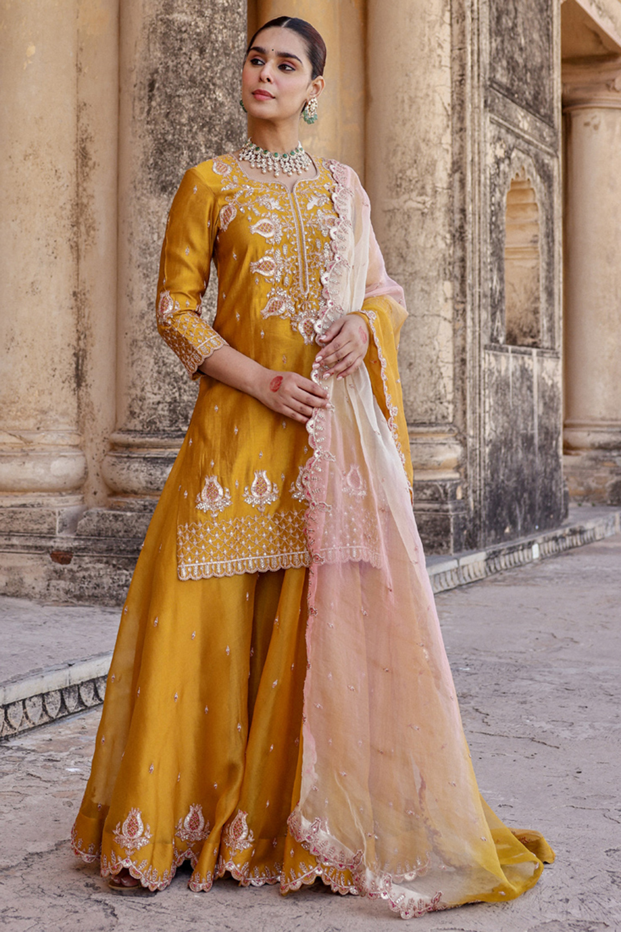 Mustard Spun Silk Sequins Work Bridal Sharara Set by SURBHI SHAH at Pernia's Pop Up Shop