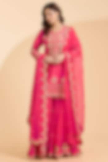 Strawberry Red Spun Silk Marori & Sequins Work Bridal Sharara Set by Surbhi Shah at Pernia's Pop Up Shop