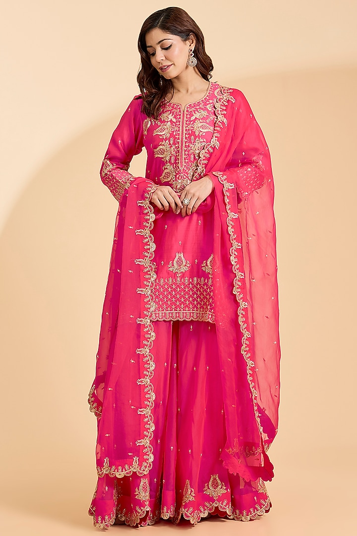 Strawberry Red Spun Silk Marori & Sequins Work Bridal Sharara Set by Surbhi Shah at Pernia's Pop Up Shop