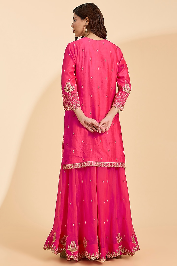 Strawberry Red Spun Silk Marori & Sequins Work Bridal Sharara Set by Surbhi Shah at Pernia's Pop Up Shop