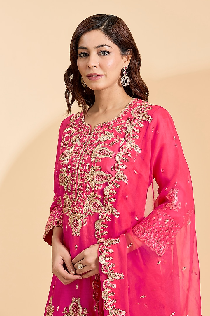 Strawberry Red Spun Silk Marori & Sequins Work Bridal Sharara Set by Surbhi Shah at Pernia's Pop Up Shop