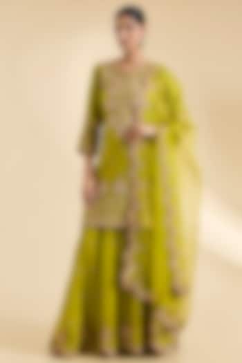 Lime Green Spun Silk Sequins Work Bridal Sharara Set by SURBHI SHAH at Pernia's Pop Up Shop
