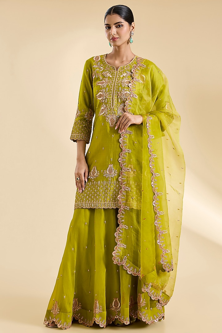 Lime Green Spun Silk Sequins Work Bridal Sharara Set by SURBHI SHAH at Pernia's Pop Up Shop