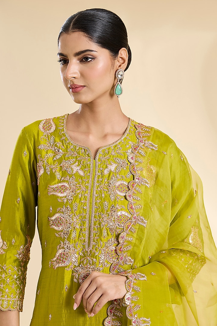 Lime Green Spun Silk Sequins Work Bridal Sharara Set by SURBHI SHAH at Pernia's Pop Up Shop