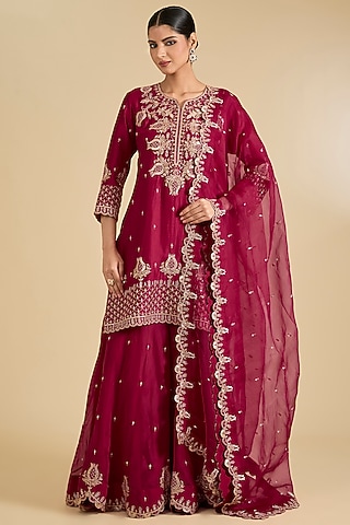 Maroon Spun Silk & Organza Sequins Work Sharara Set by Surbhi Shah