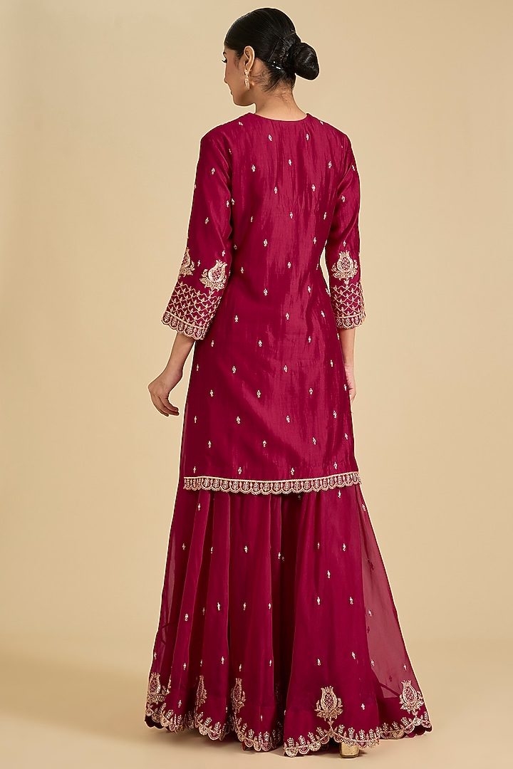 Maroon Spun Silk & Organza Sequins Work Bridal Sharara Set by Surbhi Shah at Pernia's Pop Up Shop
