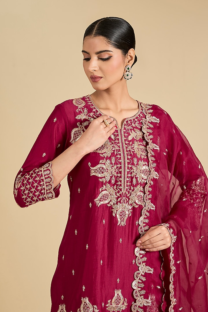 Maroon Spun Silk & Organza Sequins Work Bridal Sharara Set by Surbhi Shah at Pernia's Pop Up Shop