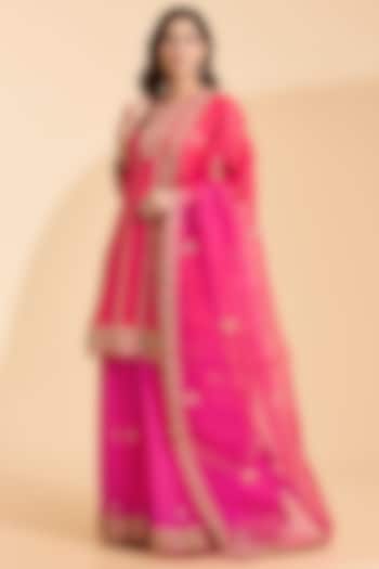 Hot Pink Spun Silk Patch Work Bridal Sharara Set by Surbhi Shah at Pernia's Pop Up Shop