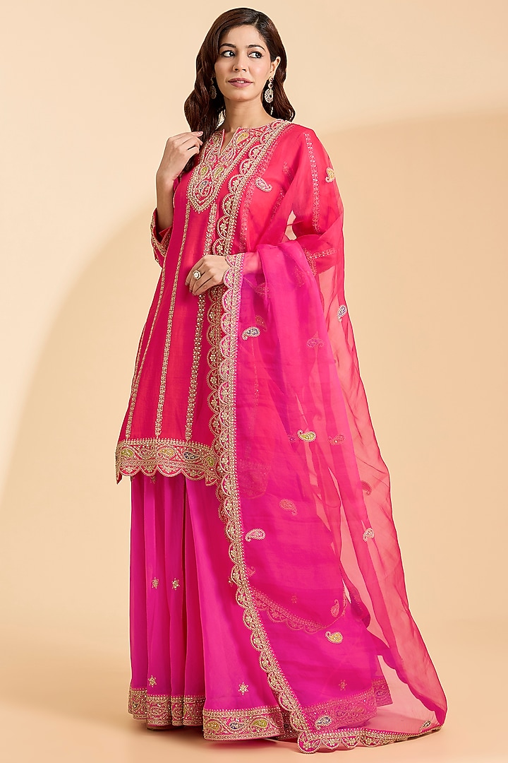 Hot Pink Spun Silk Patch Work Bridal Sharara Set by Surbhi Shah at Pernia's Pop Up Shop