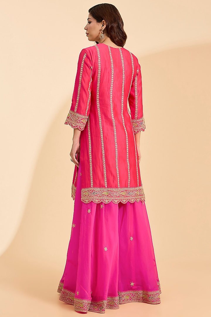 Hot Pink Spun Silk Patch Work Bridal Sharara Set by Surbhi Shah at Pernia's Pop Up Shop
