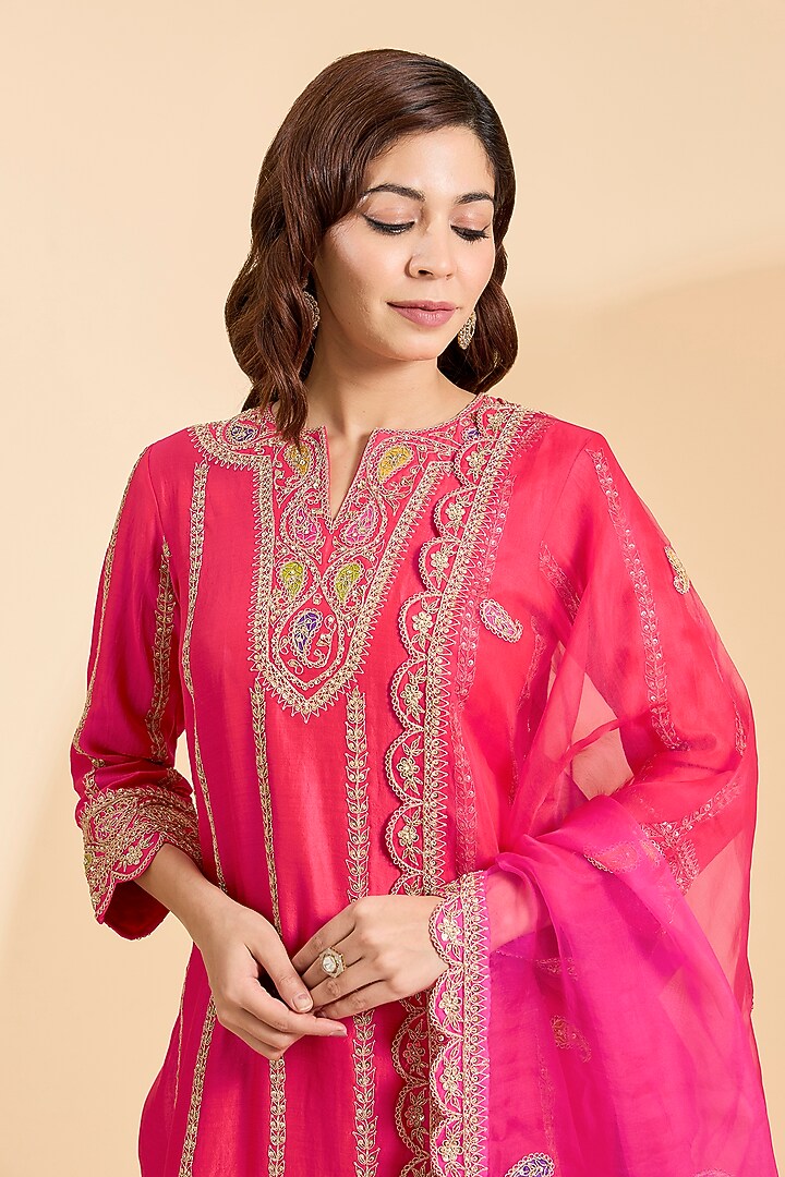 Hot Pink Spun Silk Patch Work Bridal Sharara Set by Surbhi Shah at Pernia's Pop Up Shop