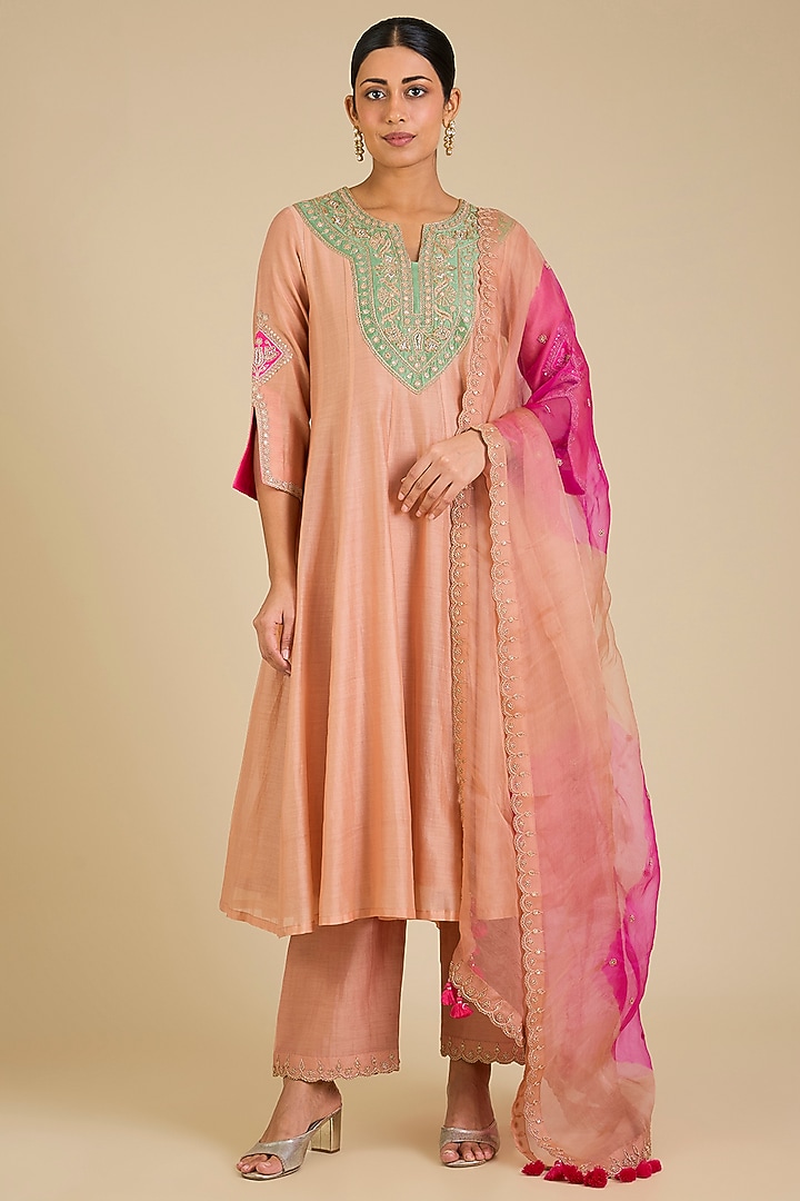 Old Rose Chanderi Marori Work Wedding Anarkali Set by SURBHI SHAH at Pernia's Pop Up Shop