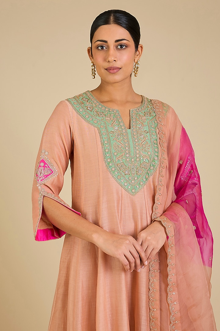 Old Rose Chanderi Marori Work Wedding Anarkali Set by SURBHI SHAH at Pernia's Pop Up Shop