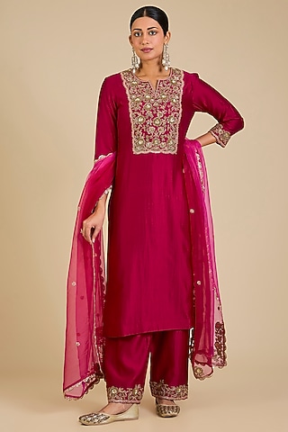 Maroon Spun Silk Zardosi Embroidered Kurta Set by SURBHI SHAH