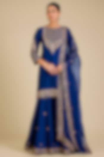 Navy Spun Silk Zardosi Embroidered Wedding Sharara Set by SURBHI SHAH at Pernia's Pop Up Shop