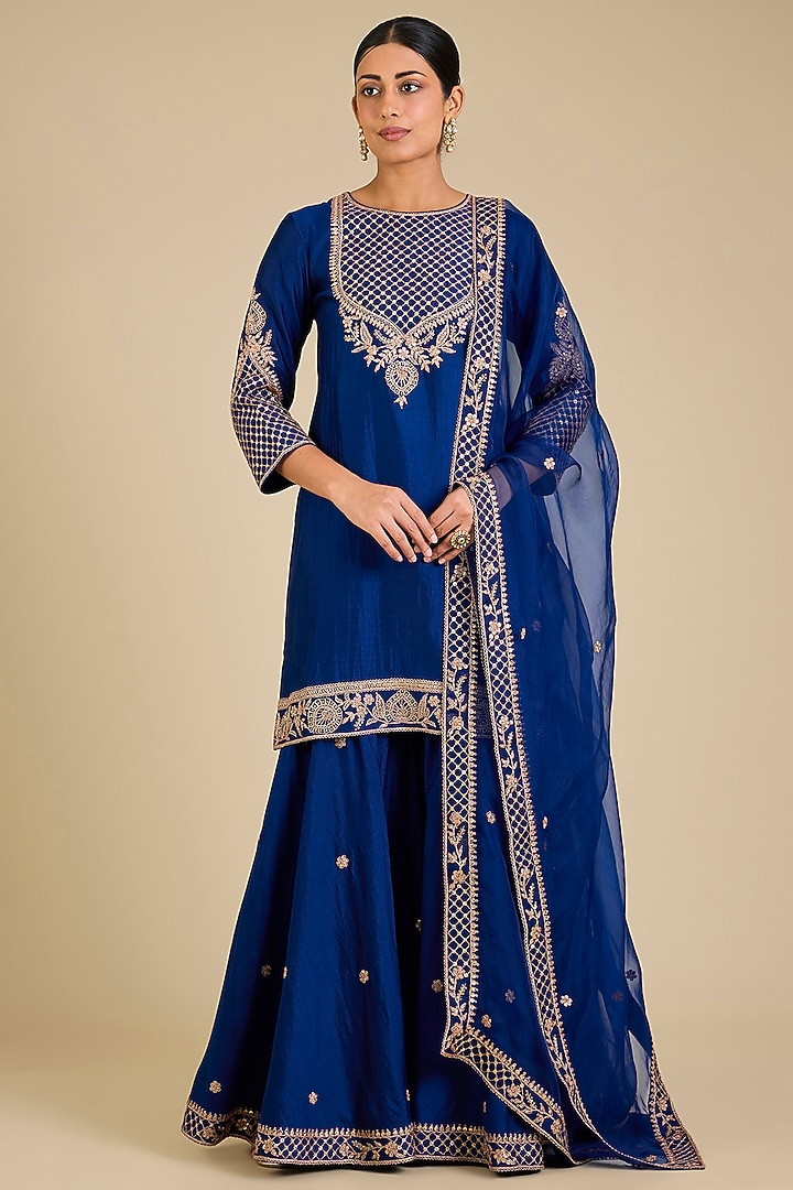 Navy Spun Silk Zardosi Embroidered Wedding Sharara Set by SURBHI SHAH at Pernia's Pop Up Shop