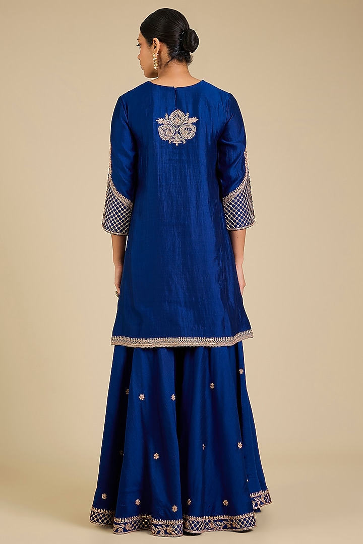 Navy Spun Silk Zardosi Embroidered Wedding Sharara Set by SURBHI SHAH at Pernia's Pop Up Shop