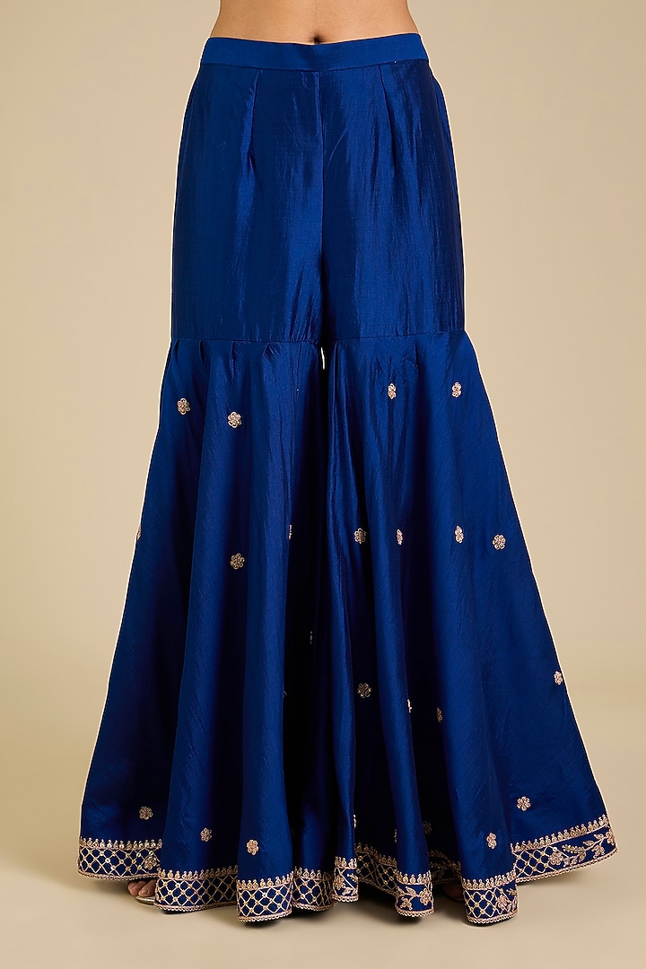 Navy Spun Silk Zardosi Embroidered Wedding Sharara Set by SURBHI SHAH at Pernia's Pop Up Shop