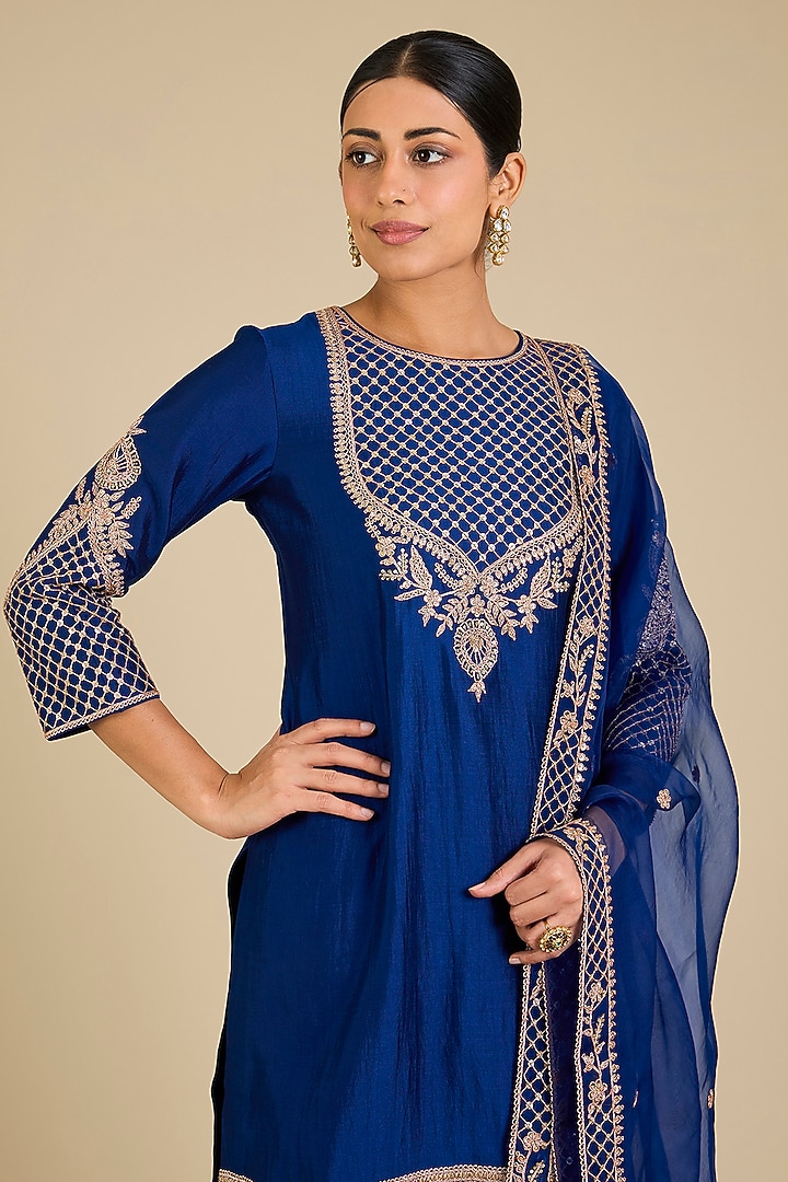 Navy Spun Silk Zardosi Embroidered Wedding Sharara Set by SURBHI SHAH at Pernia's Pop Up Shop