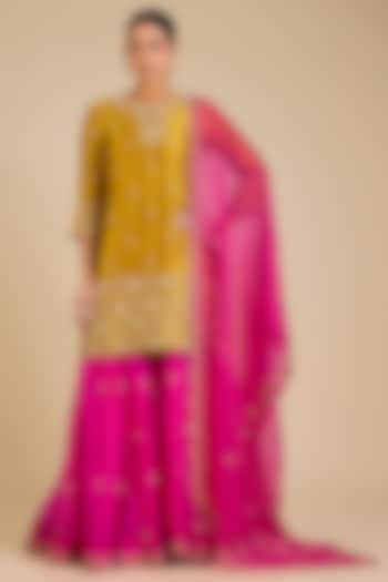 Hot Pink Spun Silk Marori Work Wedding Sharara Set by SURBHI SHAH at Pernia's Pop Up Shop