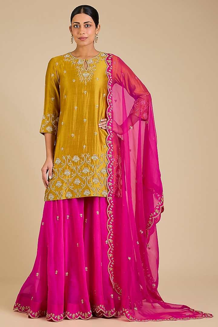 Hot Pink Spun Silk Marori Work Wedding Sharara Set by SURBHI SHAH at Pernia's Pop Up Shop