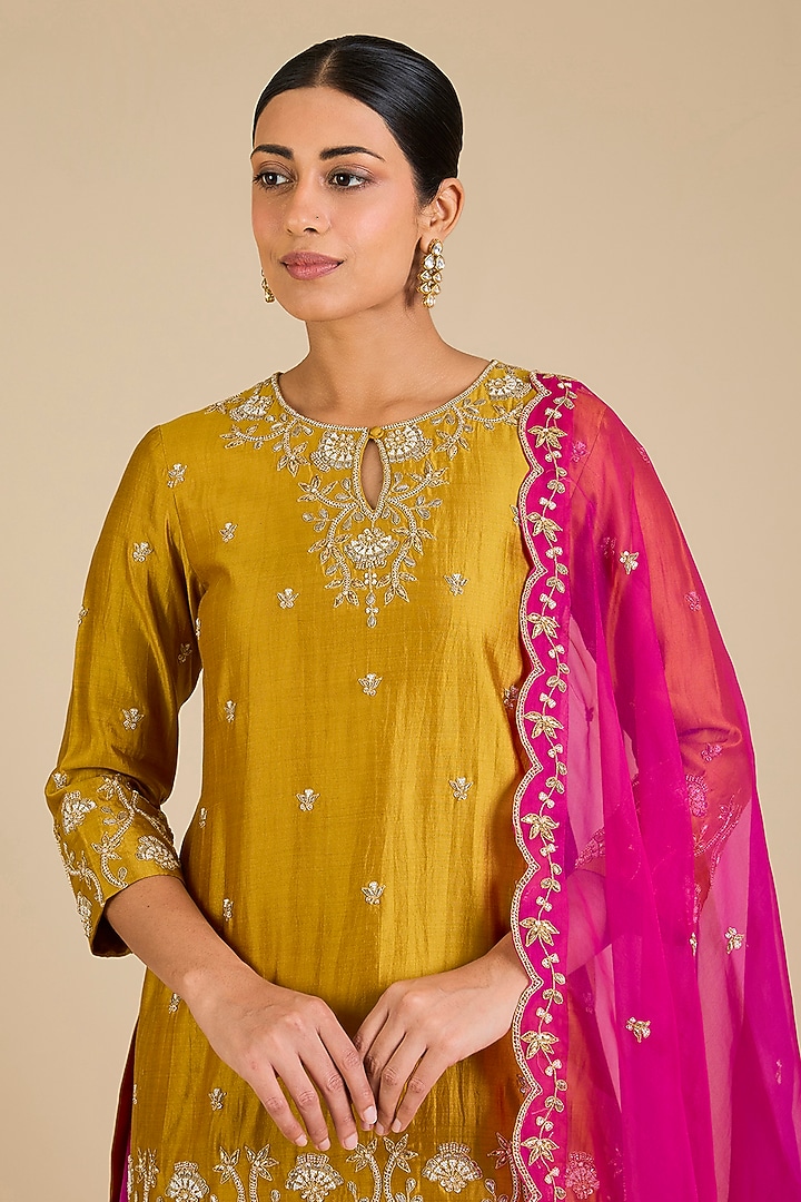 Hot Pink Spun Silk Marori Work Wedding Sharara Set by SURBHI SHAH at Pernia's Pop Up Shop