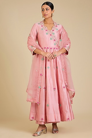 Powder Pink Spun Silk Marori Work Angrakha Kurta Set by SURBHI SHAH