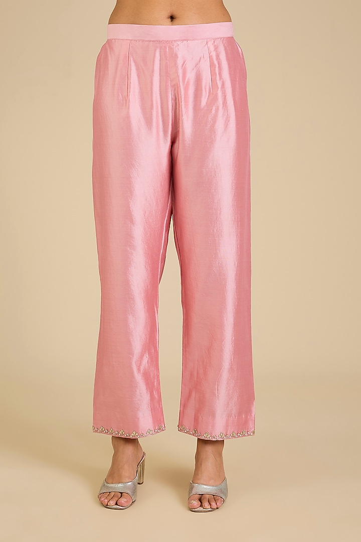 Powder Pink Spun Silk Marori Work Angrakha Kurta Set by SURBHI SHAH at Pernia's Pop Up Shop