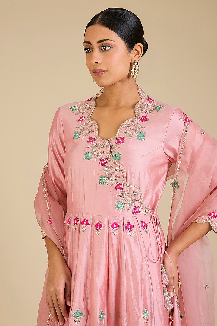 Powder Pink Spun Silk Marori Work Angrakha Kurta Set by SURBHI SHAH at Pernia's Pop Up Shop