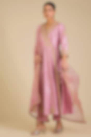 Rose Gold Spun Silk Marori Work Angrakha Kurta Set by SURBHI SHAH at Pernia's Pop Up Shop
