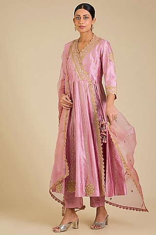Rose Gold Spun Silk Marori Work Angrakha Kurta Set by SURBHI SHAH