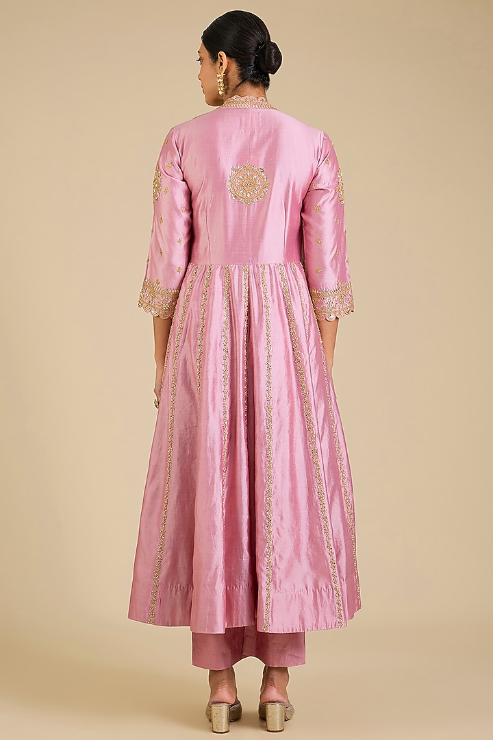 Rose Gold Spun Silk Marori Work Angrakha Kurta Set by SURBHI SHAH at Pernia's Pop Up Shop
