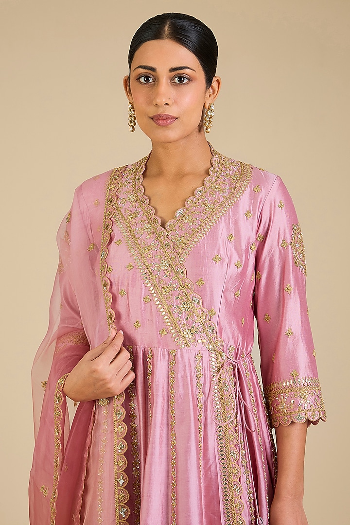 Rose Gold Spun Silk Marori Work Angrakha Kurta Set by SURBHI SHAH at Pernia's Pop Up Shop