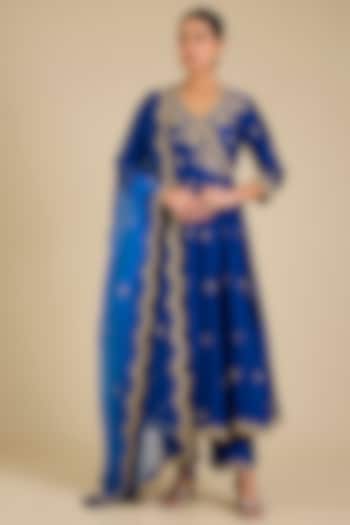Midnight Blue Spun Silk Marori Work Angrakha Kurta Set by SURBHI SHAH at Pernia's Pop Up Shop