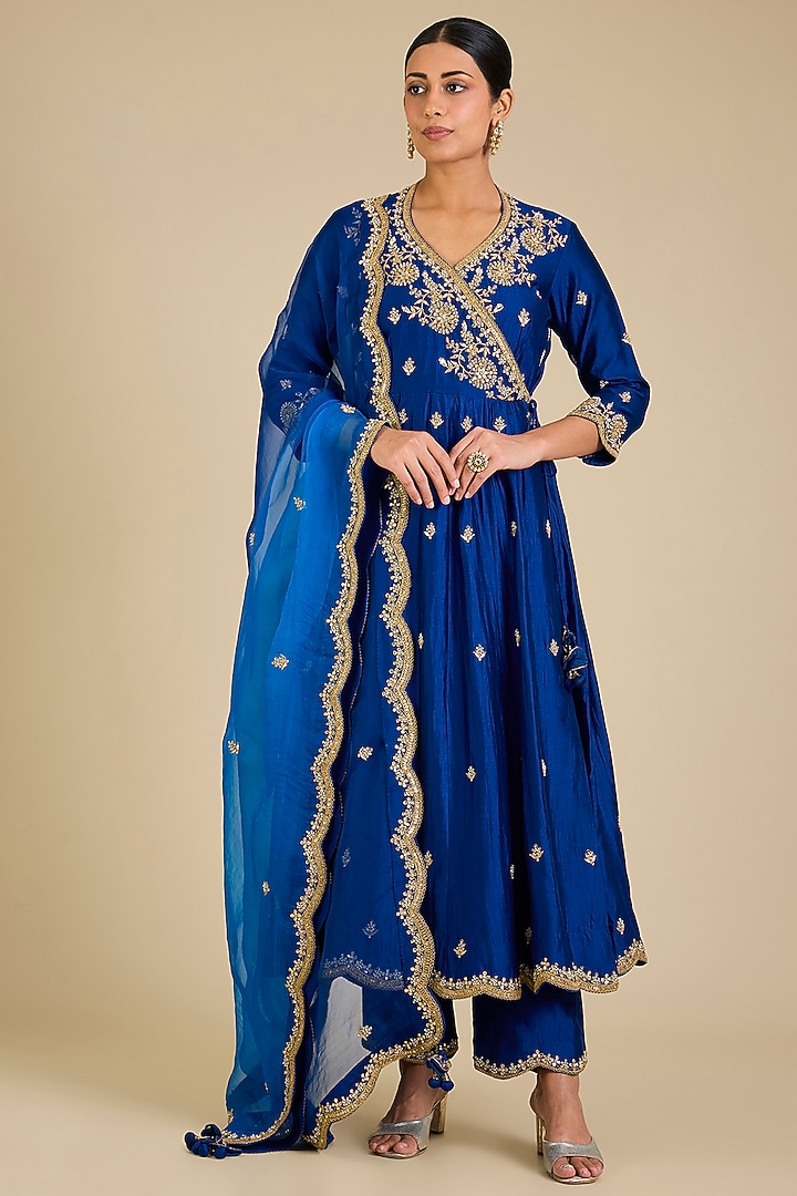 Midnight Blue Spun Silk Marori Work Angrakha Kurta Set by SURBHI SHAH at Pernia's Pop Up Shop