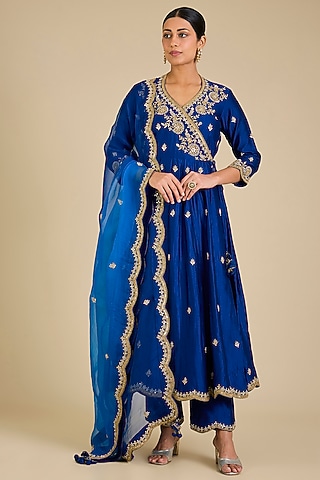 Midnight Blue Spun Silk Marori Work Angrakha Kurta Set by SURBHI SHAH