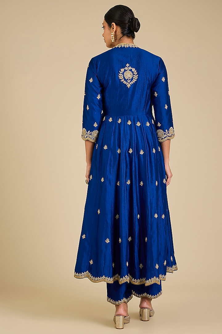 Midnight Blue Spun Silk Marori Work Angrakha Kurta Set by SURBHI SHAH at Pernia's Pop Up Shop