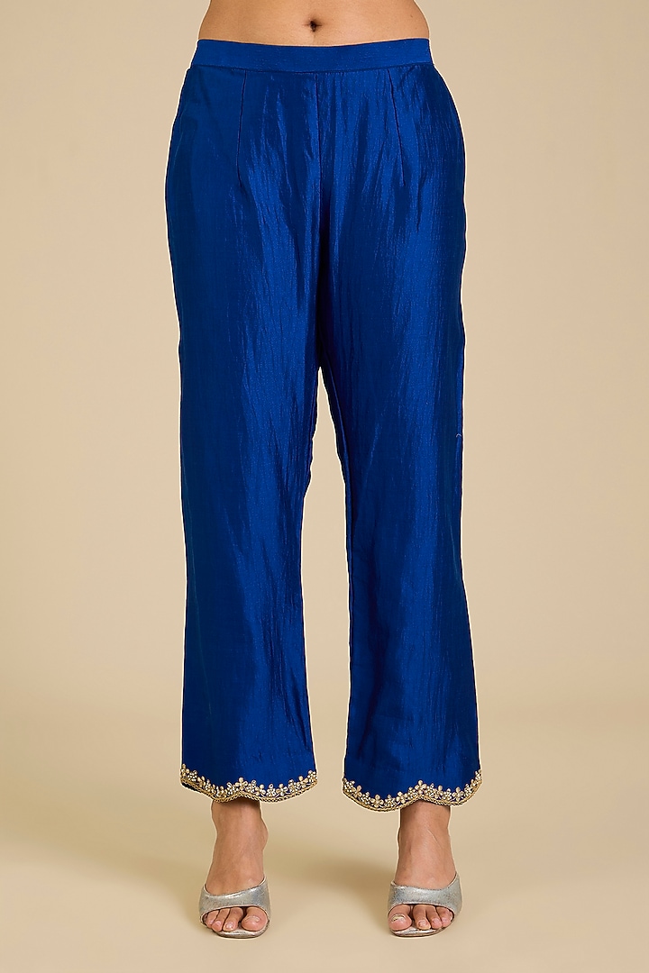 Midnight Blue Spun Silk Marori Work Angrakha Kurta Set by SURBHI SHAH at Pernia's Pop Up Shop
