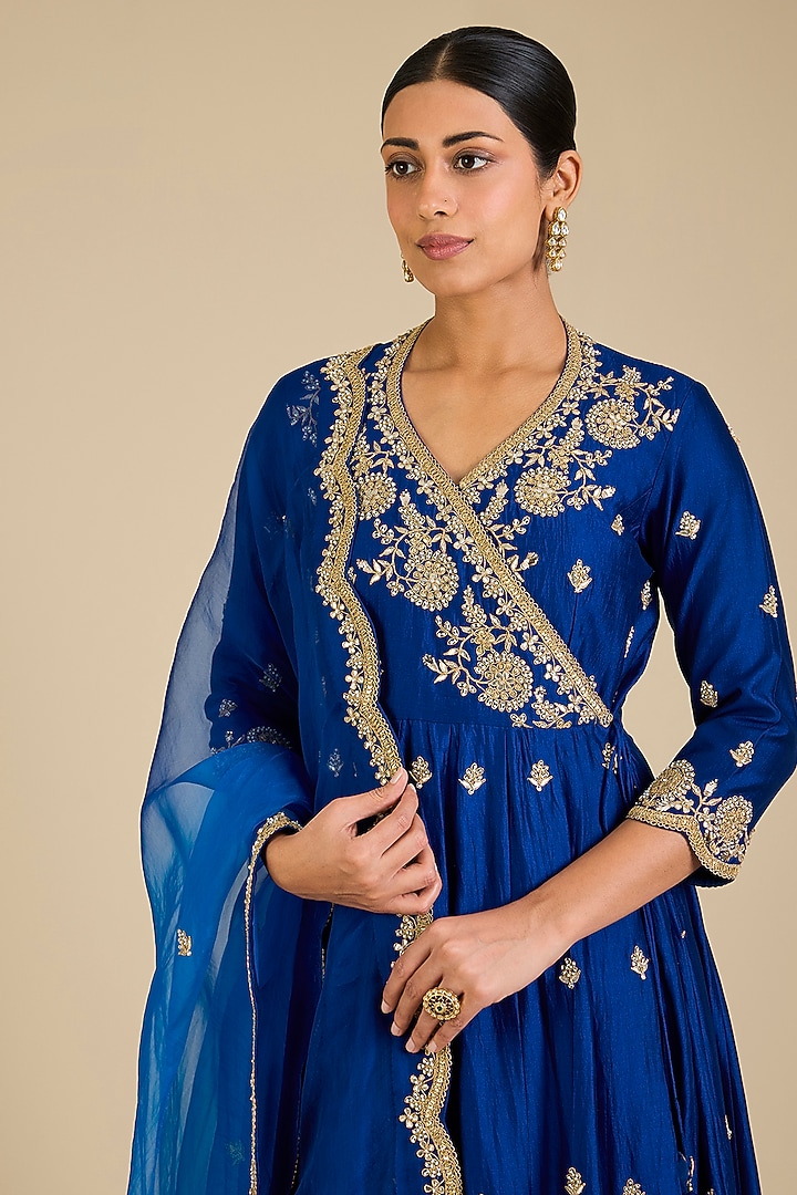Midnight Blue Spun Silk Marori Work Angrakha Kurta Set by SURBHI SHAH at Pernia's Pop Up Shop