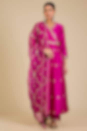 Rani Pink Spun Silk Marori Work Angrakha Kurta Set by SURBHI SHAH at Pernia's Pop Up Shop