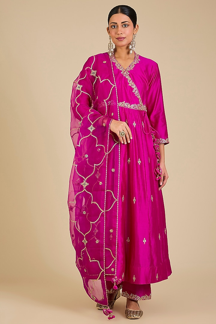 Rani Pink Spun Silk Marori Work Angrakha Kurta Set by SURBHI SHAH at Pernia's Pop Up Shop